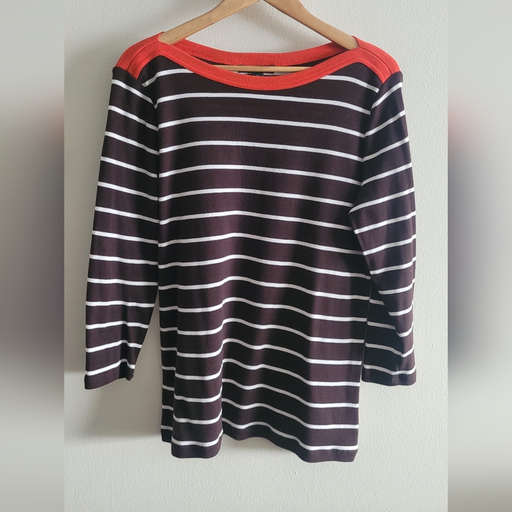 Ralph Lauren striped cotton boatneck 3/4 sleeve top Women's XL brown, orange